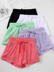 Women’s High-Waisted Athletic Workout Shorts with Zipper Pockets Sports Fitness Yoga Shorts Solid Pattern Drawstring Closure