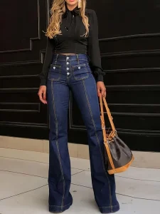 Women’s High Waisted Button Front Slim Fit Flattering Slimming Slightly Flared Mid Rise Distressed Wash Jeans Street Style