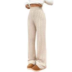 Women’s High Waisted Cable Knit Sweater Pants Autumn Solid Color Wide Leg Plus Size Casual Fall Knit Pants