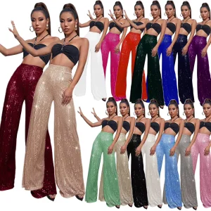 Women’s High Waisted Casual Pants With Sequins Loose Drape Wide Leg Pant for Summer