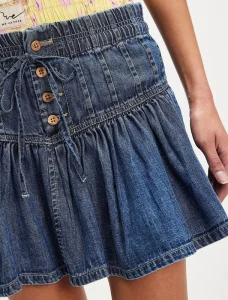 Women’s High Waisted Denim Ruffled Mini Skirt Drawstring Button Detail Flounce Casual Streetwear Boho Style Fashionable