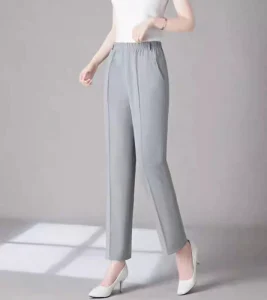 Women’s High Waisted Elastic Waist Ankle Length Trousers Breathable Anti Wrinkle Casual Pants Middle Aged Elderly Summer Flat