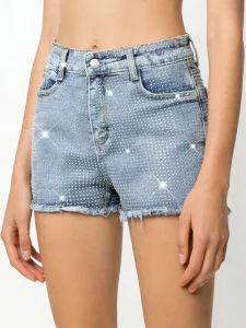 Women’s High Waisted Light Wash Denim Shorts Full Hot Fix Rhinestones Distressed Fringe Hem Summer Hot Pants