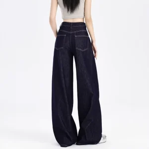Women’s High-Waisted Regular Straight-Leg Denim Jeans Breathable Modest Floor-Length Wide-Leg Pants