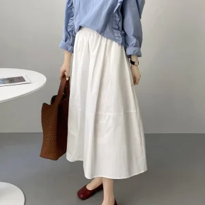 Women’s High-Waisted Slimming A-Line Casual Split Skirt White Midi Versatile