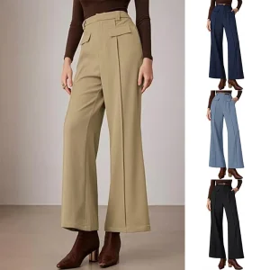 Women’s High-Waisted Wide-Leg Elegant Straight-Leg Business Casual Pocket Suit Pants for Autumn Work Commute
