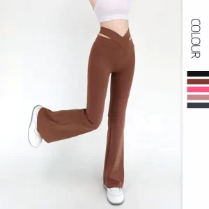 Women’s High-Waisted Yoga Pants V Cross Waist Bell-Bottoms Leggings Back Pockets Solid Pattern Mid-Waist Legging