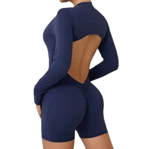Women’s Hollow Back Scrunch Butt Jumpsuit Half Zip Long Sleeve Yoga Bodysuit Quick Dry Fitness Gym Romper