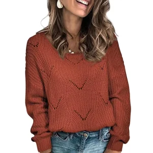Women’s Hollow Out Knit Sweater Loose Long Sleeve Crewneck Pullover Casual Lightweight Knitwear for Fall