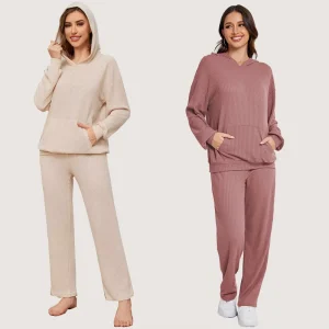 Women’s Hooded Casual Loungewear Set Waffle Fabric Loose fitting Long Sleeve Top and Pants Pajamas Sets