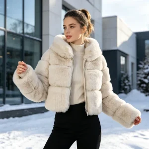 Women’s Hooded Fleece Jacket Custom-made Winter Coat Thick and Fluffy Texture Factory
