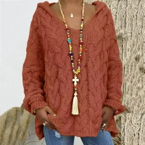 Women’s Hooded Pullover Sweater with Quick Dry and Anti Wrinkle Loose Knitwear Nylon Acrylic Material
