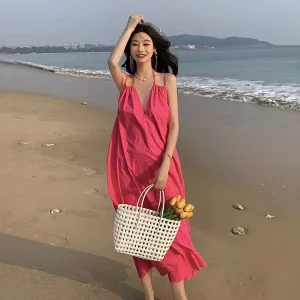 Women’s Hot Pink Halter Neck Maxi Dress Deep V Neck Sleeveless Loose Long Dress Casual Summer Beach Vacation Sundress