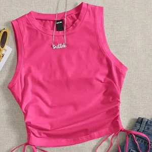 Women’s Hot Pink Sleeveless Crop Tank Top with Side Drawstring Ruched Hem
