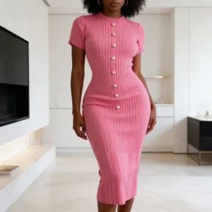 Women’s Hot Ribbed Knit Maxi Dress Short Sleeve Pearl Button Decor Long Dress Elegant Party Evening Dress