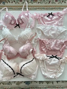 Women’s Hot Selling New Styles Open Mature Sexy Satin Lace Bow Button Underwear Thong Push Two piece Set Bra
