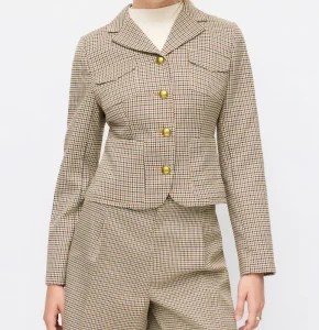 Women’s Houndstooth Plaid Cropped Blazer Gold Button Lapel Collar Long Sleeve Elegant Office Suit Jacket