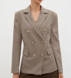 Women’s Houndstooth Plaid Double Breasted Blazer Gold Button Lapel Collar Long Sleeve Elegant Office Suit Jacket
