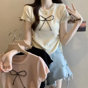 Women’s Ice Silk Short-Sleeve Bow Round-Neck Knitted T-Shirt