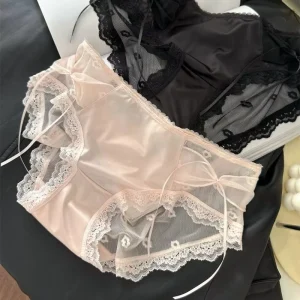 Women’s Intimates French Luxury Satin Lace Panties Solid Knitted Nylon Sexy Bikini Low-Rise Bow Lace Panties for Women