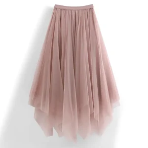 Women’s Irregular Gauze Skirt High Waist Solid Color Mid-length Skirt Slim A-line Skirt