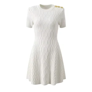Women’s Jacquard Diamond Pattern One-Shoulder Metal Buckle Short-Sleeve Sweater Dress Solid Casual Dresses