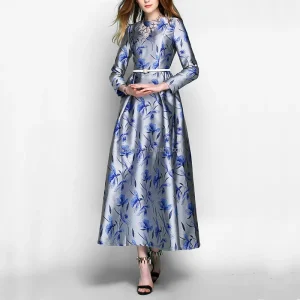 Women’s Jacquard Long Maxi Dress Elegant Party Evening Robe Simple Floral Long Sleeve A-Line Natural Waistline