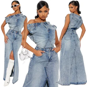Women’s Jeans Casual Solid Color Set Autumn Winter Retro Split Denim Skirt Two Piece Set