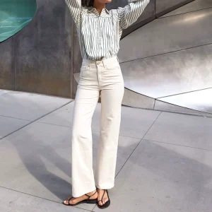 Women’s Jeans Casual Street Loose Simple Denim Pants High Waist Beige Straight Leg Denim Women