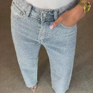 Women’s Jeans European and American Spicy Girl Style Full Diamond Decoration High Waist Straight Tube Denim Pant
