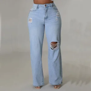 Women’s Jeans Mom Jeans Mujer Denim Ripped Straight Woman Casual Trousers