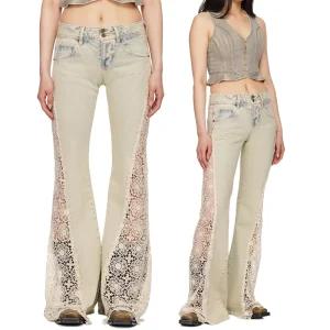 Women’s Jeans Side Lace Panel Insert Design High Waist Bell Bottom Vintage Washed Denim Pants