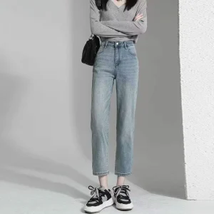Women’s Jeans Vintage Women Straight Denim Pants Fashionable Mid Waist Skinny Fit Embroidered Summer Tube Jeans