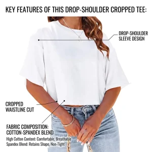 Women’s Jersey Boxy Fit Cropped T Shirt Loose Fit Drop Shoulder Half Sleeve Crew Neck Custom Logo Tee