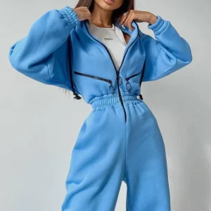 Women’s Jumpsuit Elegance Sport Casual Zipper Embellished Hooded Jumpsuit Loose Fit Breathable