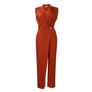 Women’s Jumpsuit Elegant Suit Collar Waist Chain Loose Wide Leg One Piece Sleeveless Romper Ladies V Neck Office Wear