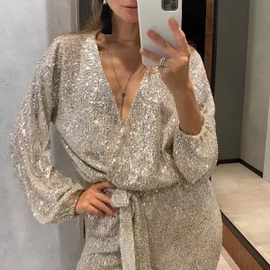 Women’s Jumpsuit Sparkly Sequin V Neck Full Sleeve One Piece Romper Casual Party Wear Slim Fit Clubwear Outfit for Women