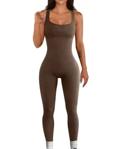 Women’s Jumpsuits Gym Solid Yoga Jumpsuit Ribbed Rompers Bodysuits Loungewear