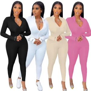 Women’s Jumpsuits and Rompers Ribbed Sexy Long Sleeve Custom One Piece Bodycon Jumpsuit