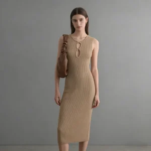 Women’s Khaki Ribbed Knit A Line Midi Dress Anti Wrinkle Summer