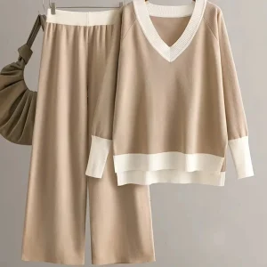 Women’s Knit 2 Piece Outfit V-Neck Contrast Trim Long Sleeve Top & Elastic Waist Wide Leg Pants for Loungewear & Home Wear