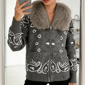 Women’s Knit Cardigan with Real Fox Fur Collar Vintage Paisley Zip Up Sweater Jacket Warm Winter Outerwear