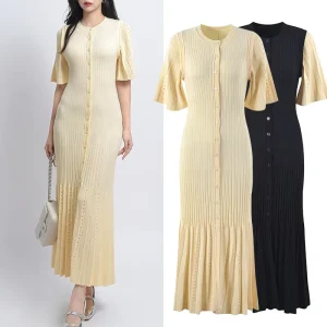 Women’s Knit Dress Short Sleeved Single Breasted Slim Sweater Neck Natural Waist Long Maxi Casual Senior Sense Dress