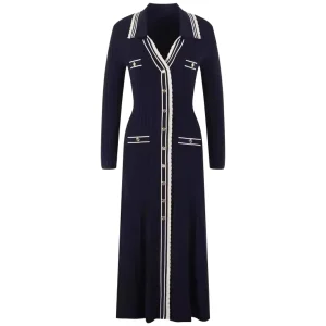 Women’s Knit Maxi Dress Single Breasted Rib Long Sleeve V Neck Casual Formal Evening Autumn Embroidery Ruffles