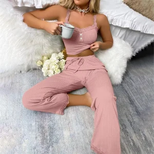 Women’s Knit Ribbed Loungewear with Lace V Neck Cami & Long Pants for All Seasons