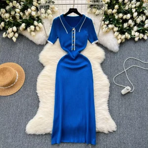 Women’s Knit Ribbed Midi Dress Elegant Short Sleeve Bodycon Sweater Dress with Button Detail for Office & Casual Wear