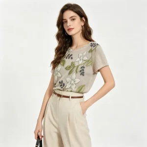 Women’s Knit Sweater Crew Neck Short Sleeve Vintage Botanical Floral Print Loose Soft All Season Daily Elegant Casual Ladies Top