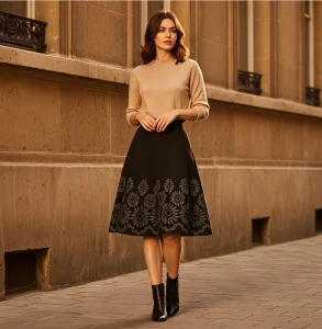 Women’s Knitted A-Line Midi Skirt High Waist Floral Hollow Out Hem Gray Pleated Swing Skirt for Fall Winter