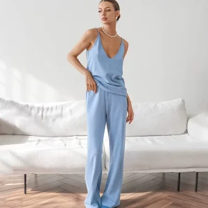 Women’s Knitted Bow Print Pajamas Loose Cardigan Long Sleeved Pants Loungewear Home Wear