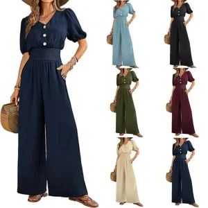 Women’s Knitted Breathable Jumpsuit Short Sleeve V Neck Casual Full Length Wide Leg Pants Romper Summer One Piece